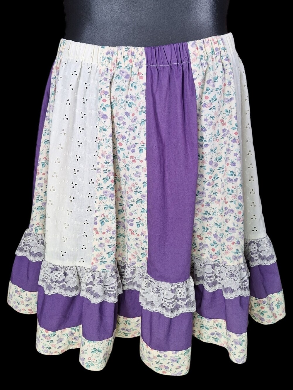 Vintage Handmade Patchwork Skirt L Floral Lace Cottagecore Prairie Country Boho